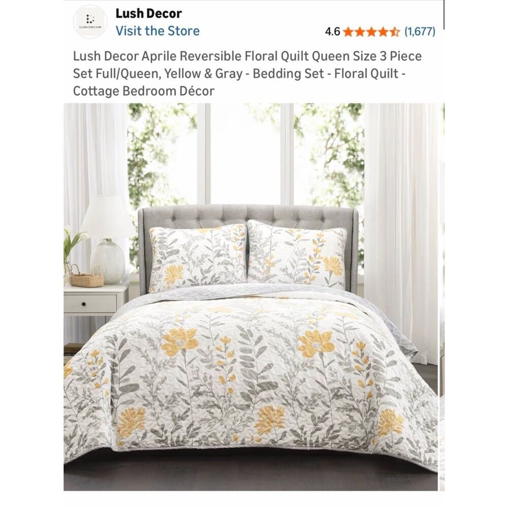 Lush Decor Aprile Reversible Floral Quilt Set in Yellow & Gray